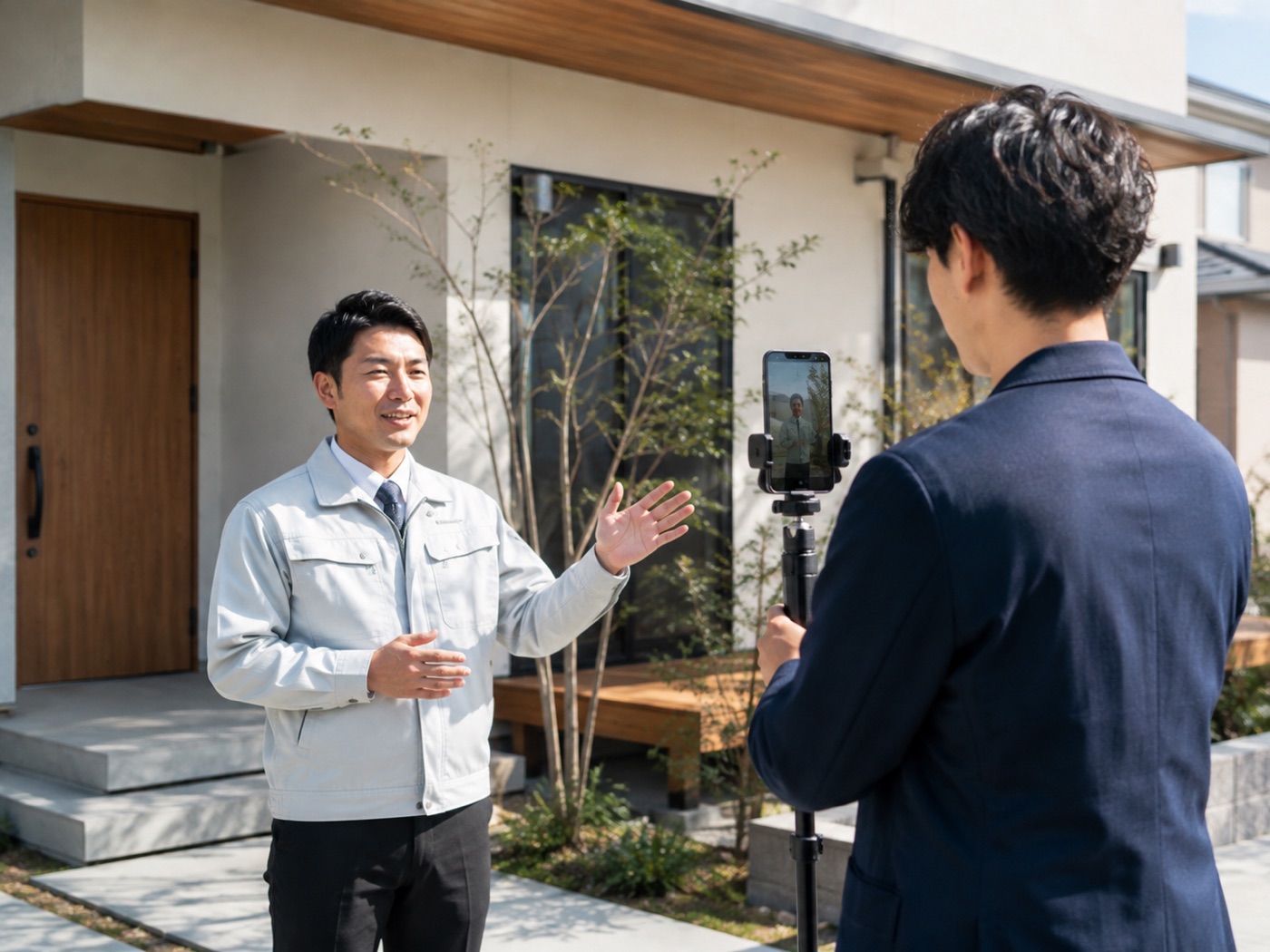 工務店の現場で縦型動画を撮影する様子
